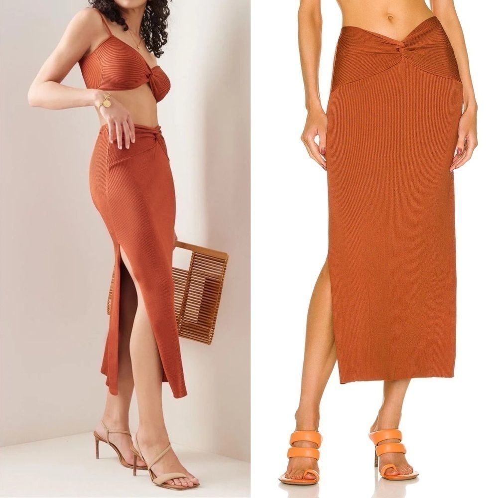 NEW! Cult Gaia- Kana Ribbed Knit Twist Detail Slit Skirt in Amber Burnt Orange L